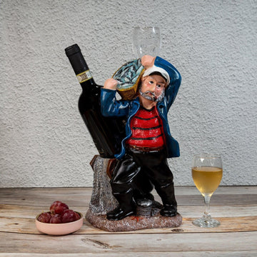 Nautical Sailor Figurine Resin Bottle Holder with 1 Wine Glass Set (Laundry - Red Shirt)